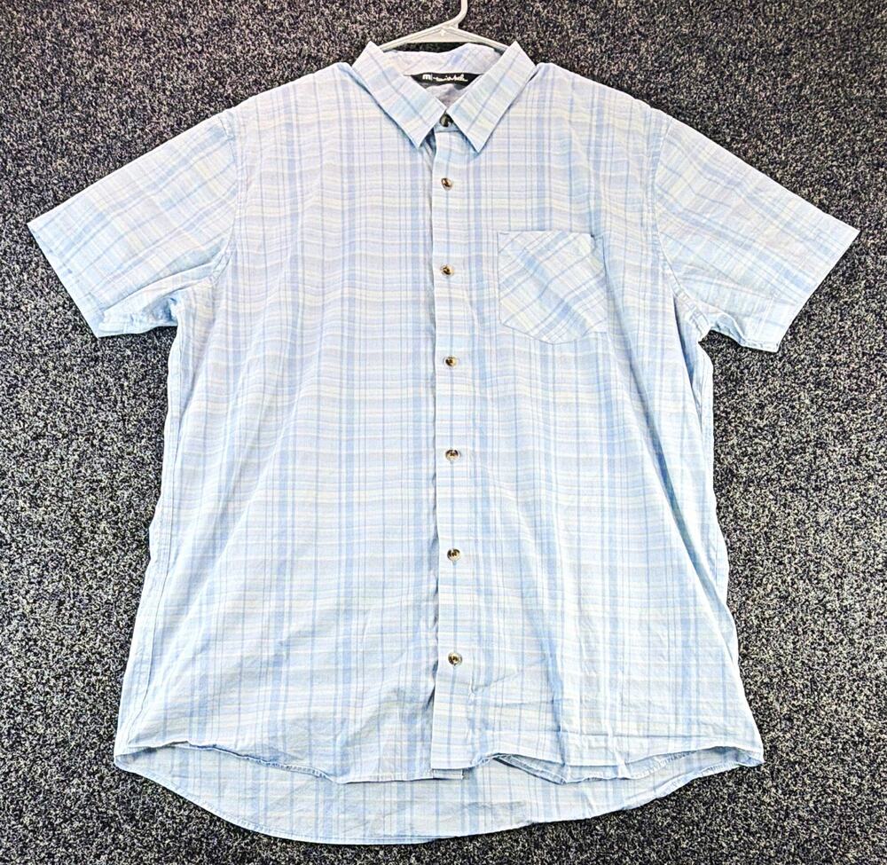 TravisMathew Men's XL Blue Plaid Woven Cotton Blend S/S Button-Up Pockets 1MY501